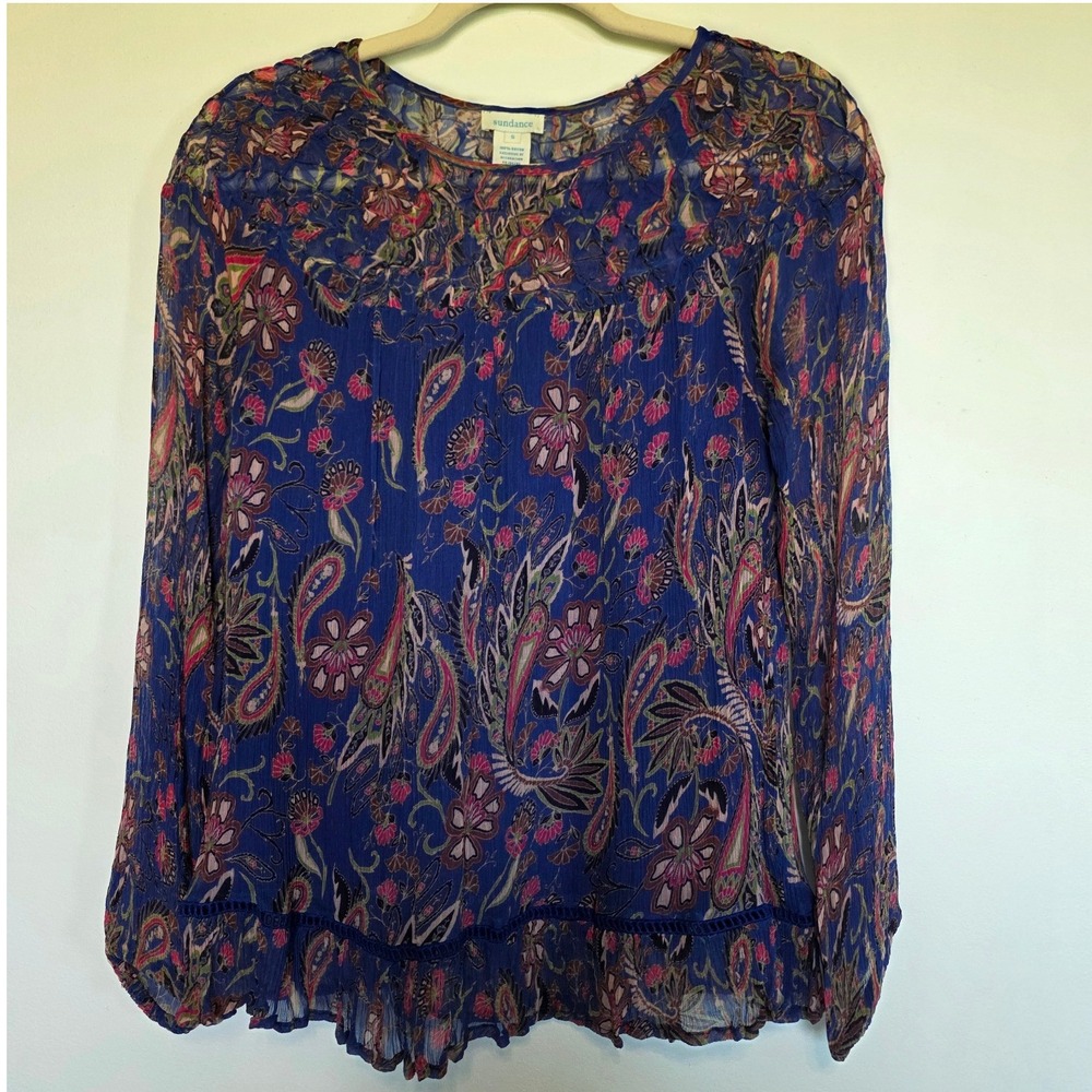 Sundance Size S Blue Paisley Long Sleeve Smocked Peasant Blouse Top Boho Western